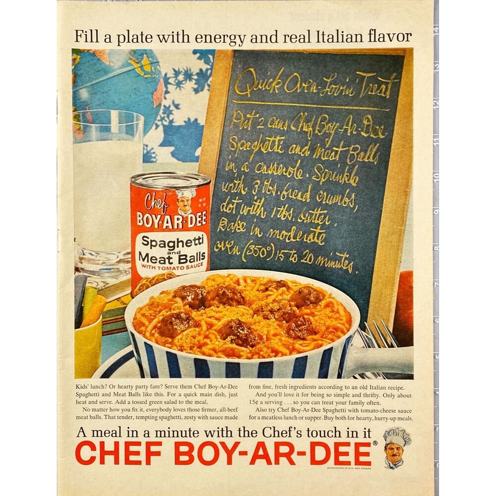 Chef Boy-Ar-Dee Spaghetti & Mea Ball "Canned Meal in a Minute" Vtg Print Ad 1964